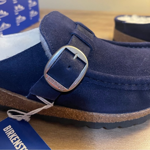 Birkenstock Buckley Shearling in Navy Blue with Silver Hardware - Picture 5 of 15